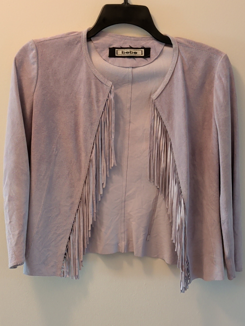 bebe Gray Suede Fringe Open Jacket